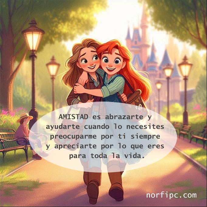 Amistad es abrazarte y ayudarte cuando lo necesites, preocuparme por ti siempre y apreciarte por lo que eres, para toda la vida Dos amigas abrazadas caminando por un parque