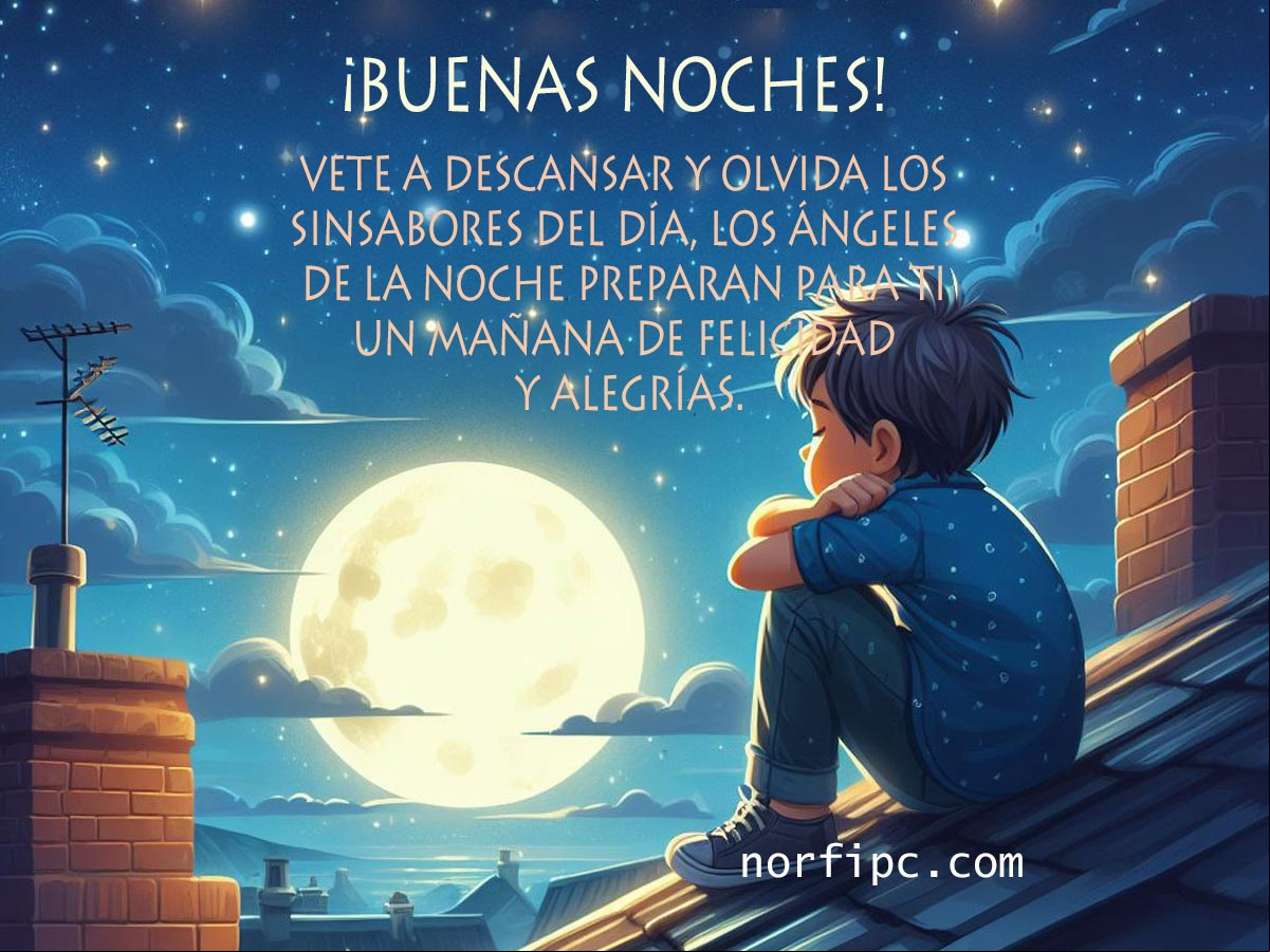 Chico sentado sobre un techo bajo la luna y la noche estrellada