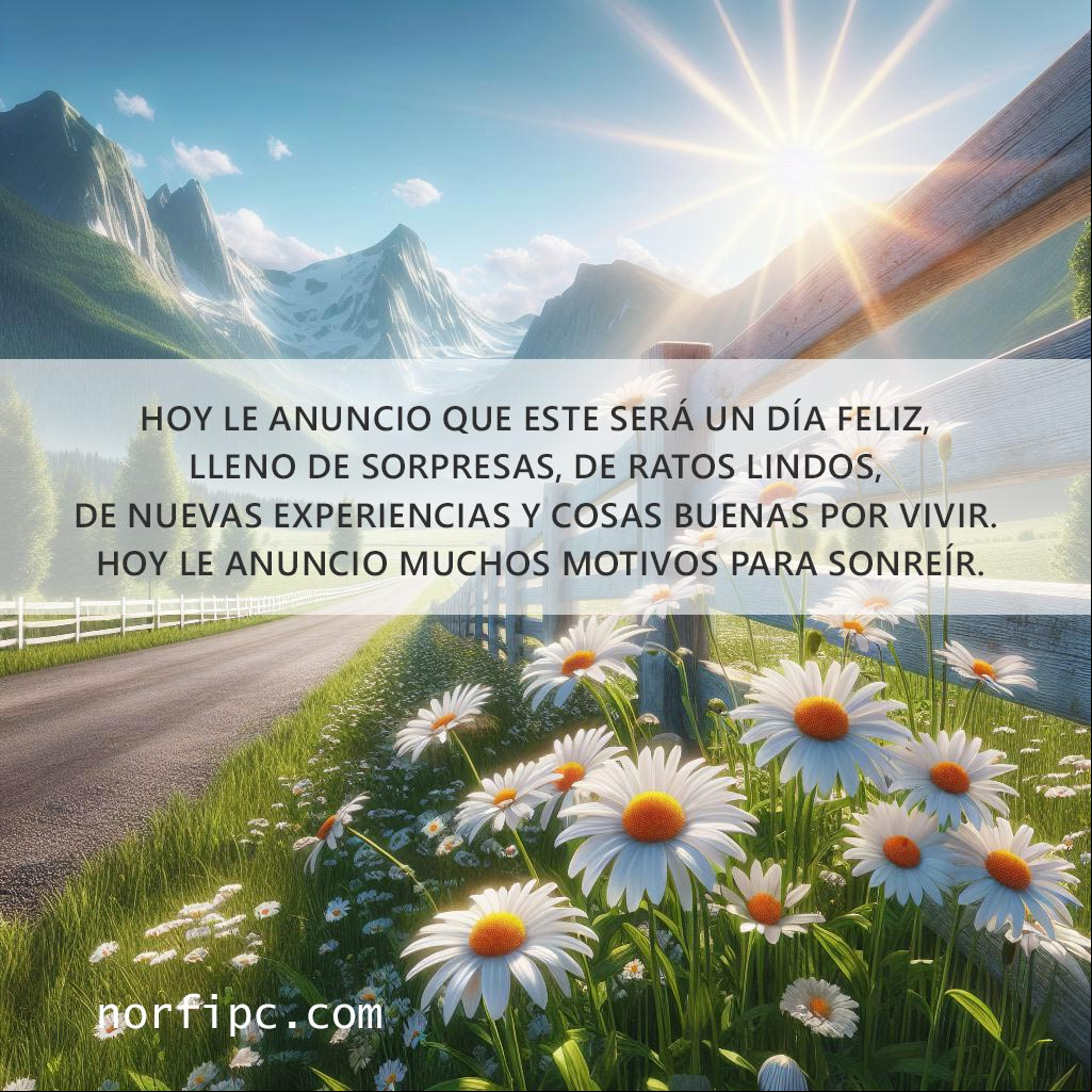 Hoy le anuncio que este será un día feliz, lleno de sorpresas, de ratos lindos, de nuevas experiencias y cosas buenas por vivir. Hoy le anuncio muchos motivos para sonreír Camino en el campo con flores a los lados, sol naciente