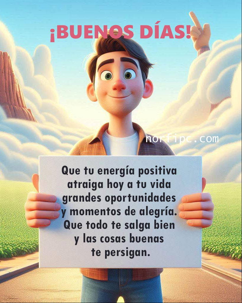 Que tu energía positiva atraiga hoy a tu vida grandes oportunidades y momentos de alegría. Que todo te salga bien y las cosas buenas te persigan Chico con cartel de buenos días, ilustración