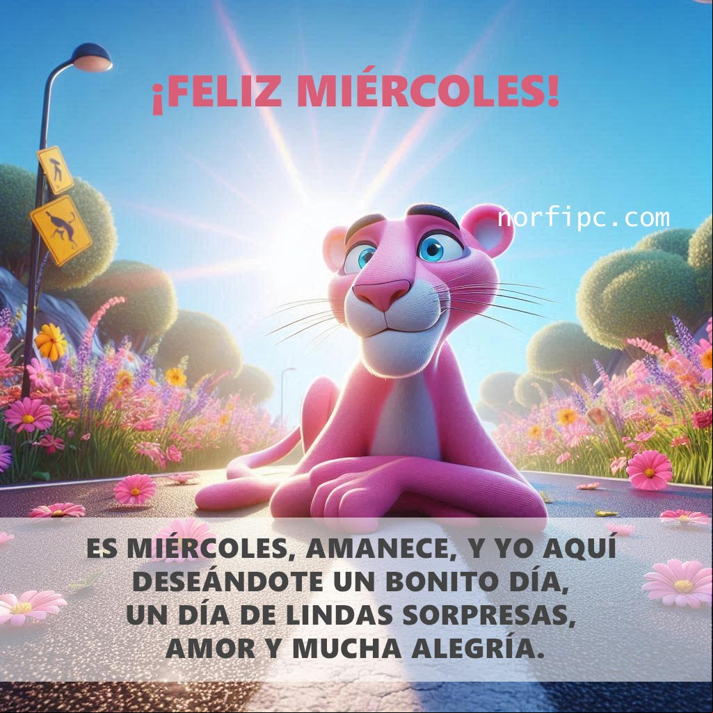 Es miércoles, amanece, y yo aquí deseándote un bonito día, un día de lindas sorpresas, amor y mucha alegría. La pantera rosa en una carretera al amanecer