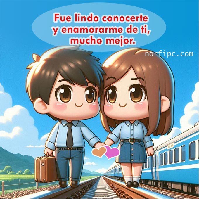 Fue lindo conocerte y enamorarme de ti, mucho mejor Hombre y mujer tomados de la mano detrás línea del tren