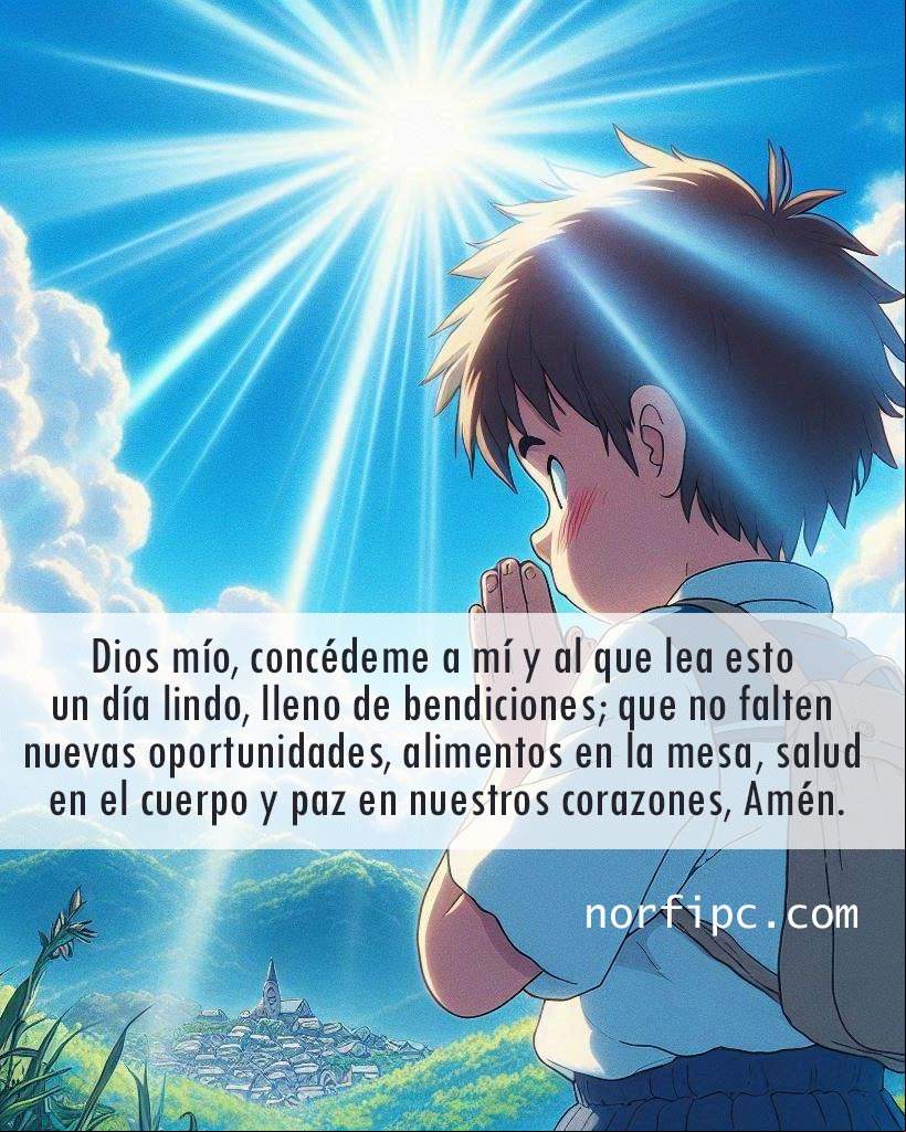Dios mío, concédeme a mí y al que lea esto un día lindo, lleno de bendiciones; que no falten nuevas oportunidades, alimentos en la mesa, salud en el cuerpo y paz en nuestros corazones, Amén Chico de espaldas orando, de fondo cielo azul rayos del sol