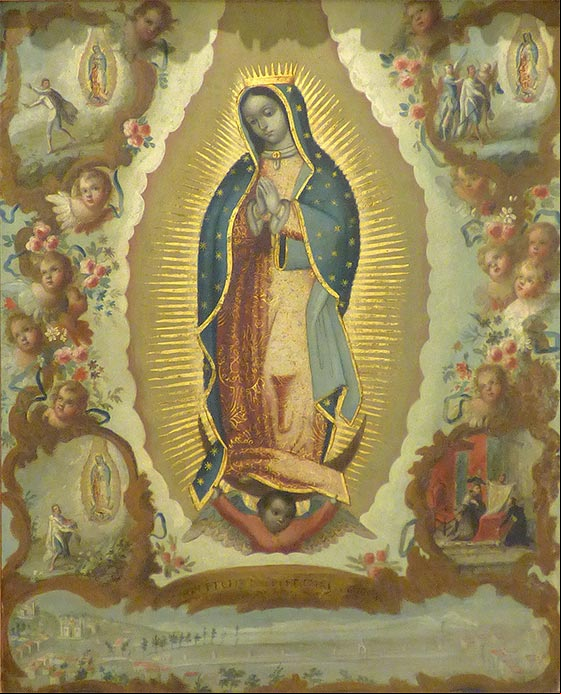 Imagen de La Virgen de Guadalupe con las cuatro apariciones y una vista del Santuario del Tepeyac Imagen de La Virgen de Guadalupe con las cuatro apariciones y una vista del Santuario del Tepeyac