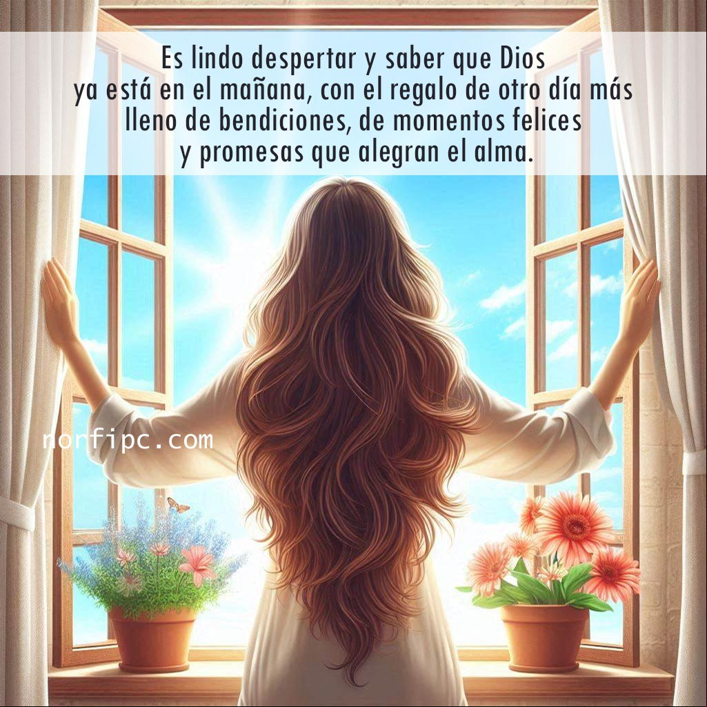 Es lindo despertar y saber que Dios ya está en el mañana, con el regalo de otro día más lleno de bendiciones, de momentos felices y promesas que alegran el alma Mujer abriendo una ventana