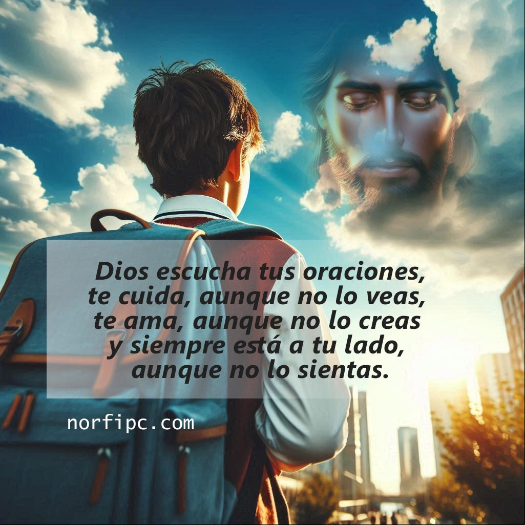 Dios escucha tus oraciones y tus problemas, te cuida, aunque no lo veas, te ama, aunque no lo creas y siempre está a tu lado, aunque no lo sientas Chico con su mochila en el hombro caminando hacia su escuela