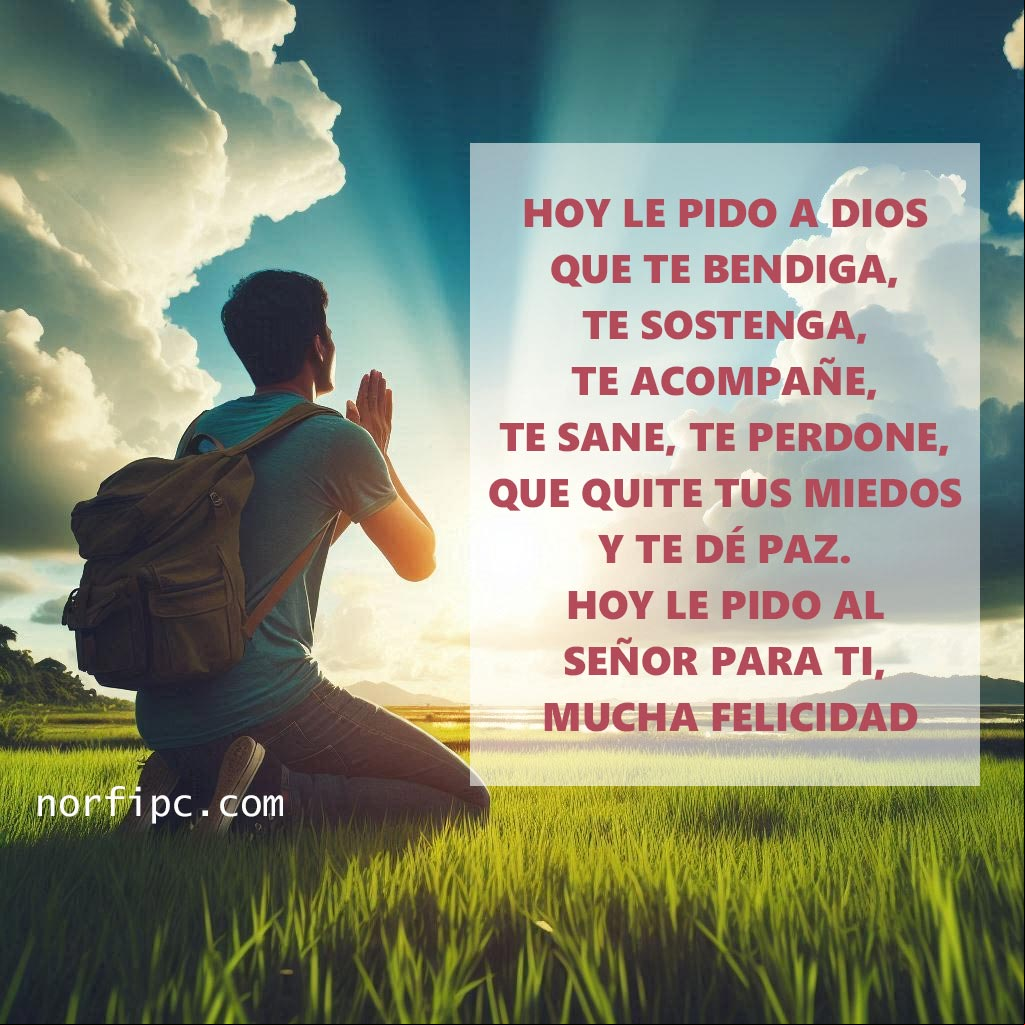 Hoy le pido a Dios que te bendiga, te sostenga, te acompañe, te sane, te perdone, que quite tus miedos y te dé paz. Hoy le pido al Señor para ti mucha felicidad Persona arrodillada en el campo orando a dios