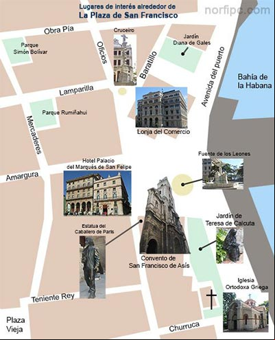 Mapa con las edificaciones, monumentos y lugares de interés alrededor de la Plaza de San Francisco en la Habana Vieja Mapa con las edificaciones, monumentos y lugares de interés alrededor de la Plaza de San Francisco en la Habana Vieja