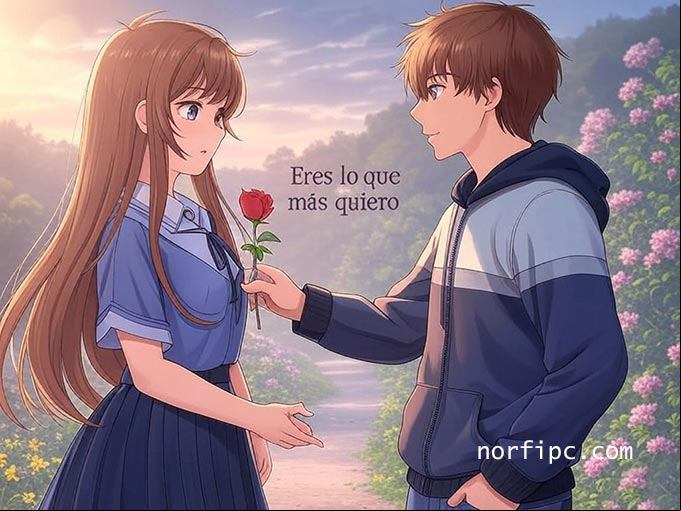 Eres tú lo que más quiero, eres mi estrella fugaz, mi deseo secreto, eres mi vida, mi ilusión Chico entregando a una chica una rosa
