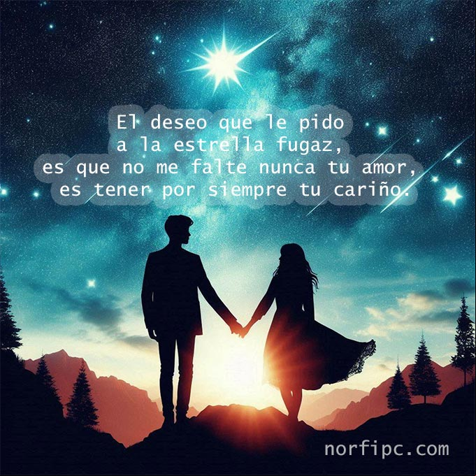 El deseo que le pido a la estrella fugaz, es que no me falte nunca tu amor, es tener por siempre tu cariño. Silueta de pareja tomados de la mano, fondo cielo estrellado y estrella fugaz