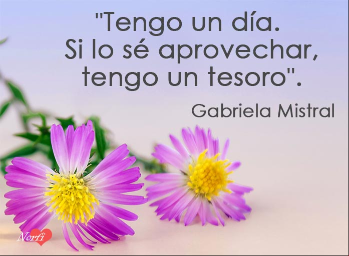 Tengo un día. Si lo sé aprovechar, tengo un tesoro. Frase célebre de Gabriela Mistral Tengo un día. Si lo sé aprovechar, tengo un tesoro. Frase célebre de Gabriela Mistral