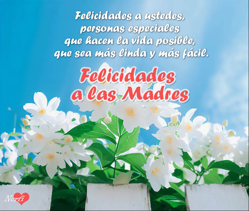 Felicidades a ustedes, personas especiales que hacen la vida posible, que sea más linda y más fácil. Felicidades Madres Flores blancas con cielo azul con mensaje para felicitar las madres