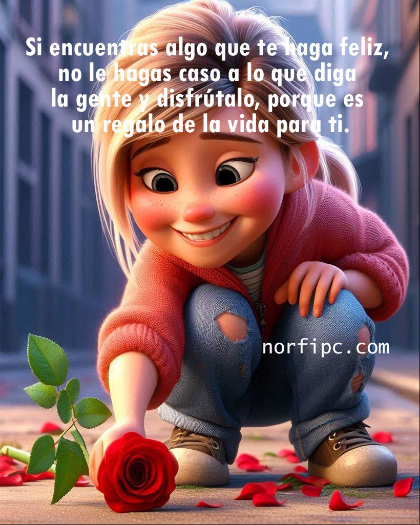 Si encuentras algo que te haga feliz, no le hagas caso a lo que diga la gente y disfrútalo, porque es un regalo de la vida para ti Chica sonriente agachada recogiendo una rosa roja del suelo