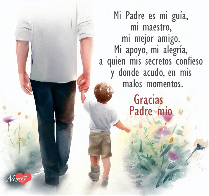 Padre con su hijo de la mano por un camino con flores