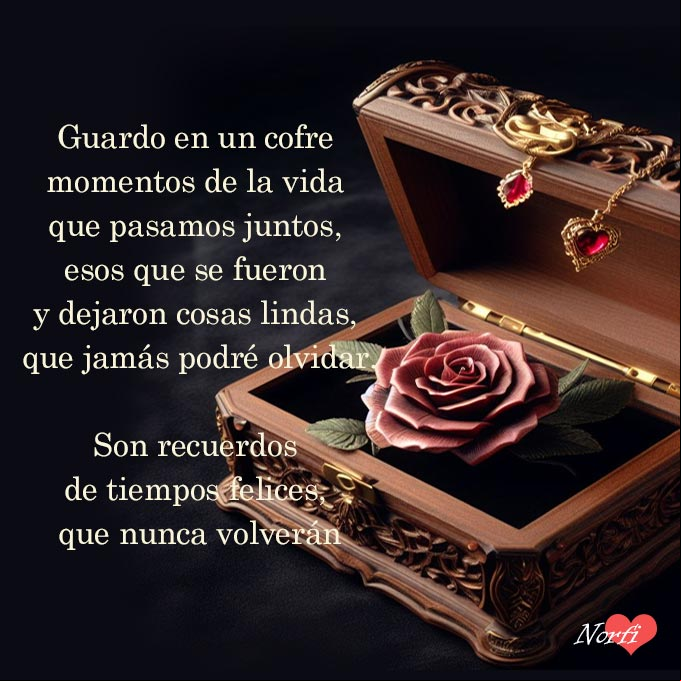 Guardo en un cofre momentos de la vida que pasamos juntos, esos que se fueron y dejaron cosas lindas, que jamás podré olvidar. Son recuerdos de tiempos felices, que nunca volverán Cofrecito de joyas con una rosa en su interior