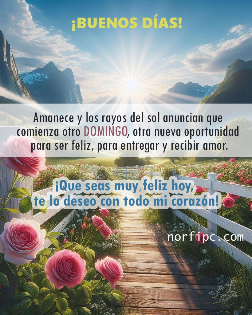 Amanece y los rayos del sol anuncian que comienza otro domingo, otra nueva oportunidad para ser feliz, para entregar y recibir amor.
¡Que seas muy feliz hoy, te lo deseo con todo mi corazón Paisaje alpino con un lago, montañas y flores con mensaje para el domingo