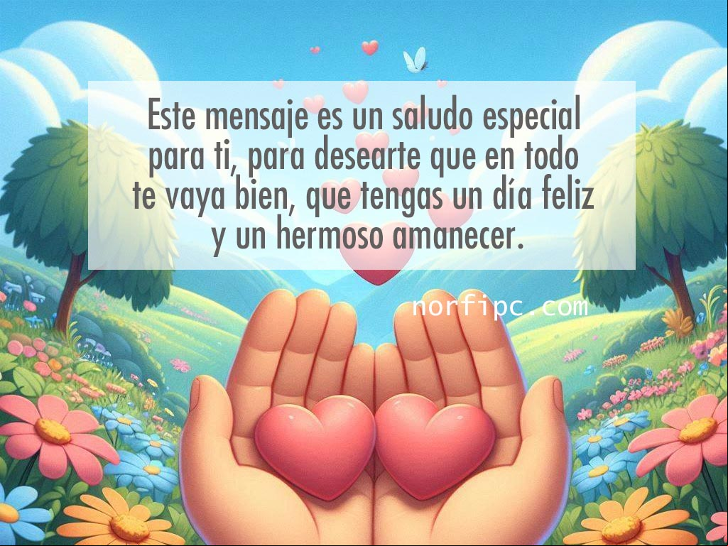 Dos manos abiertas con corazones flotando detras un paisaje lindo con flores y cielo azul