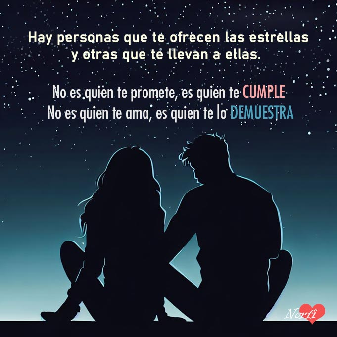 Hay personas que te ofrecen las estrellas y otras que te llevan a ellas. No es quien te promete, es quien te cumple. No es quien te ama, es quien te lo demuestra Pareja de enamorados sentados en el techo juntos, fondo noche con estrellas