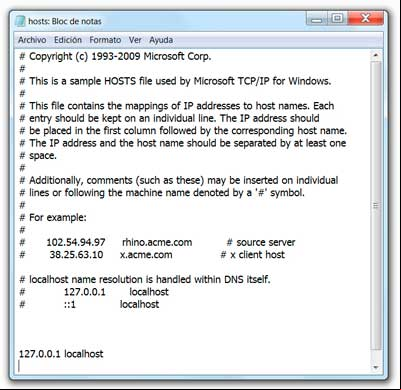 Contenido del archivo hosts original de Windows