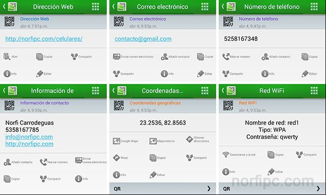 Contenido diferente en los códigos QR y las acciones que se pueden realizar
