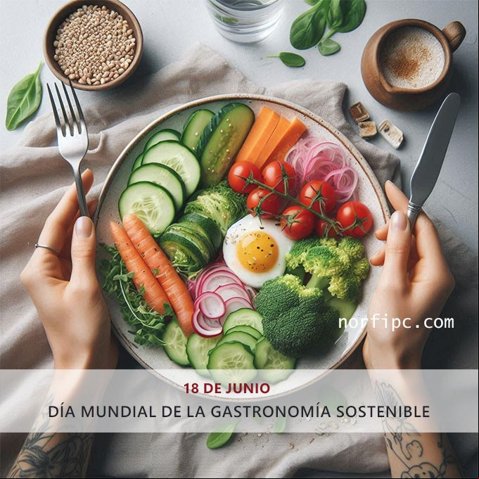 Manos de una persona con tenedor y cuchara y un plato con comida saludable