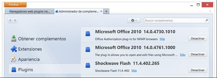 Ventana de información y configuración de los plugins instalados en el navegador Firefox Ventana de información y configuración de los plugins instalados en el navegador Firefox