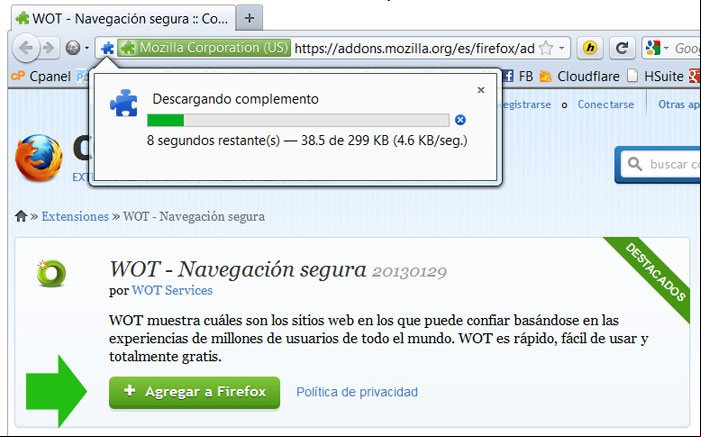 Instalación de la extensión WOT en Firefox desde la web de Mozilla Instalación de la extensión WOT en Firefox desde la web de Mozilla