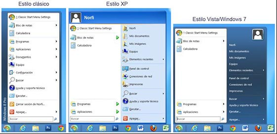 Tres estilos de Classic Shell para el menu de inicio de Windows 8