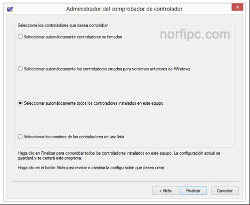 Seleccionar todo en el verificador de drivers de Windows Seleccionar todo en el verificador de drivers de Windows