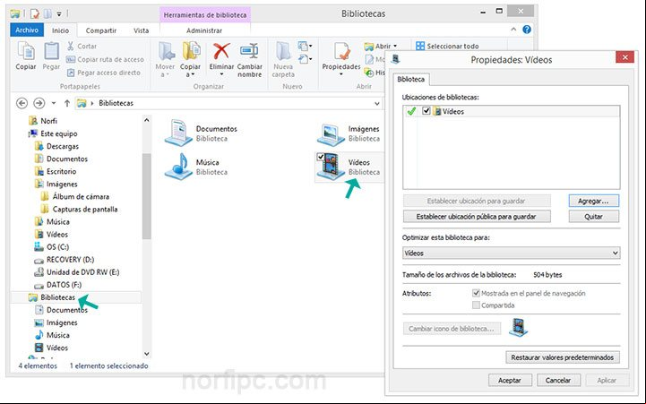 Cambiar en las Bibliotecas la ubicación de la carpeta Videos en Windows Cambiar en las Bibliotecas la ubicación de la carpeta Videos en Windows