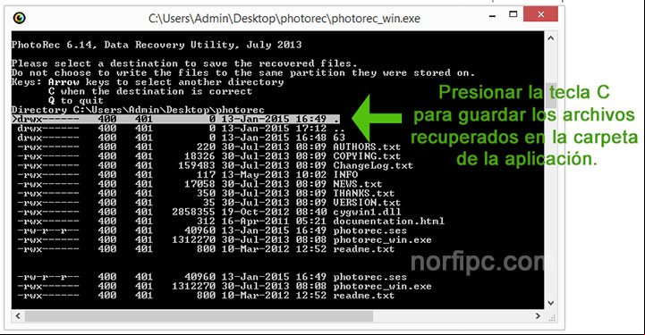 Ventana de PhotoRec, seleccionar donde guardar los archivos recuperados