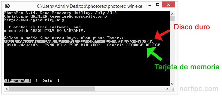 Ventana de PhotoRec mostrando la lista de dispositivos conectados a la computadora