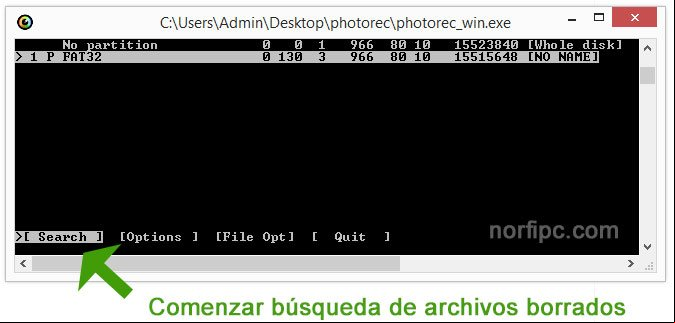 Ventana de PhotoRec con el tipo de tabla de particionamiento