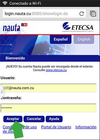 Ventana de autentificación de Nauta, el servicio de ETECSA para conectarse a internet Ventana de autentificación de Nauta, el servicio de ETECSA para conectarse a internet