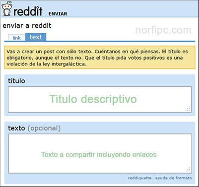 Ventana para crear una publicación texto en Reddit