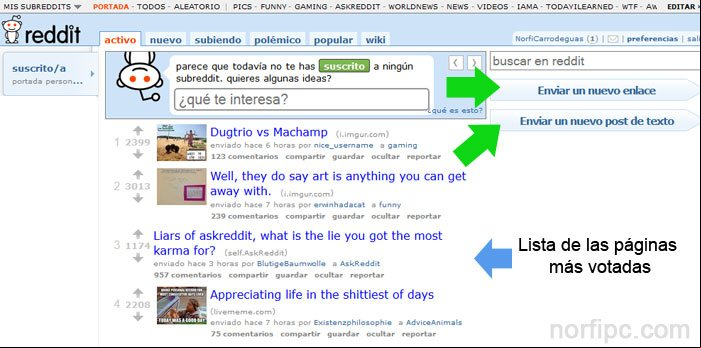 Página principal del servicio de Reddit con la lista de las publicaciones más populares.