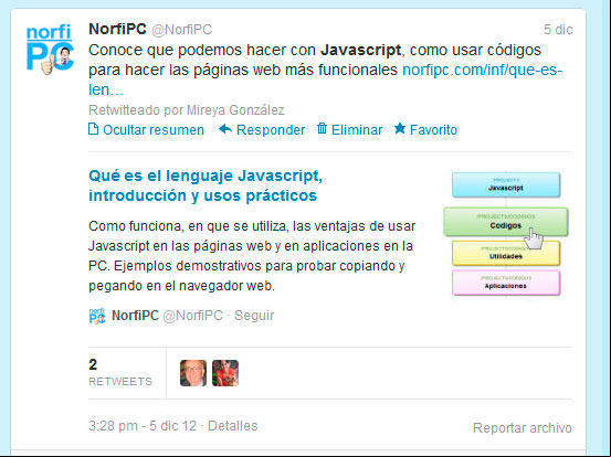 Tweet extendido que usa la función de Twitter Card