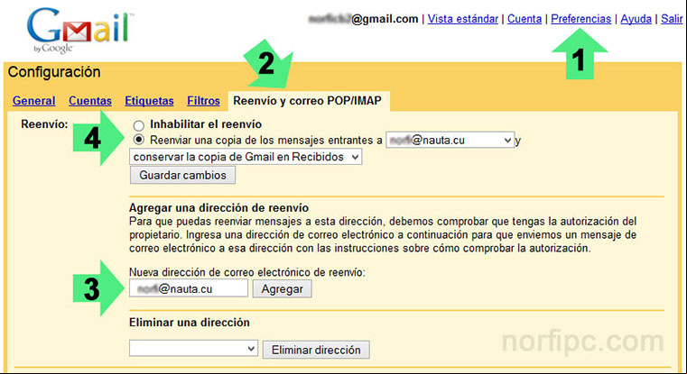 Configurar Gmail para enviar los mensajes a una dirección de correo de Nauta
