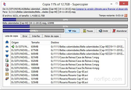 Ventana ampliada de Supercopier con la lista de copias pendientes Ventana ampliada de Supercopier con la lista de copias pendientes