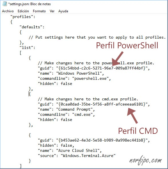 Perfiles en la configuración de la aplicación Terminal de Windows