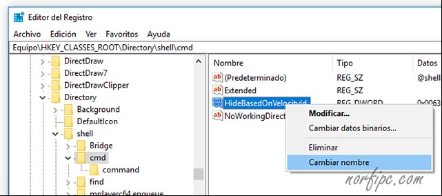 Modificar clave del Registro para activar a la ventana de comandos en Windows 10 Modificar clave del Registro para activar a la ventana de comandos en Windows 10