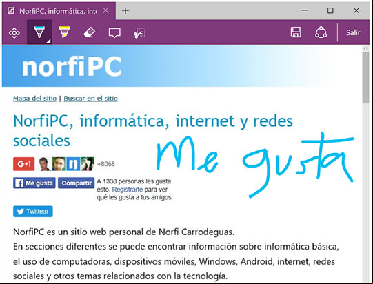 Navegador Microsoft Edge de Windows 10, mostrando la curiosa opción de tomar notas en las páginas para guardar Navegador Microsoft Edge de Windows 10