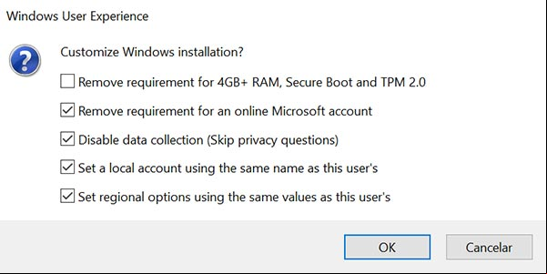 Opciones de Rufos para evadir las restricciones de Microsoft al instalar Windows