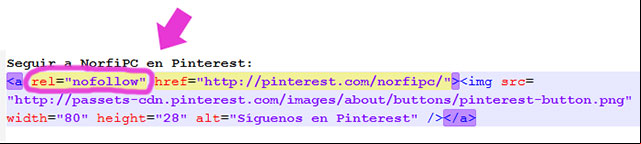 Un ejemplo del código del botón de seguir en Pinterest, al que se le ha agregado manualmente el atributo rel nofollow Un ejemplo del código del botón de seguir en Pinterest, al que se le ha agregado manualmente el atributo rel nofollow