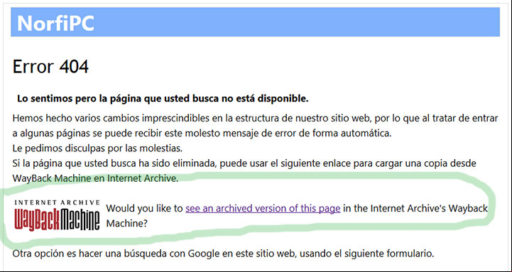 Página de Error 404 con un enlace a la copia de la página solicitada en Wayback Machine