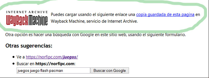 Página de Error 404 con un enlace a Wayback Machine con el mensaje en español
