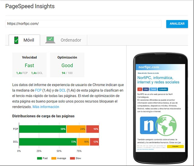 Resultado del análisis de PageSpeed en la página principal del sitio NorfiPC, del rendimiento para móviles