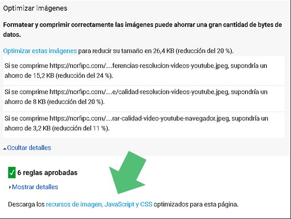 Sugerencia de PageSpeed Insights de optimizar las imágenes y enlace para la descarga de los archivos optimizados