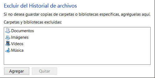 Excluir carpetas de Historial de archivos