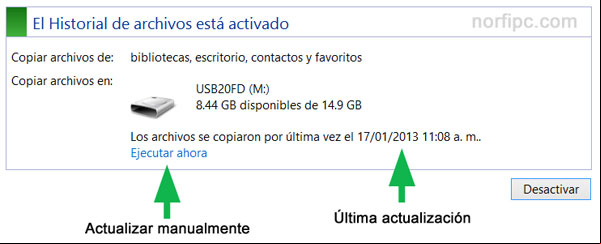  de control de Historial de archivos en Windows 8